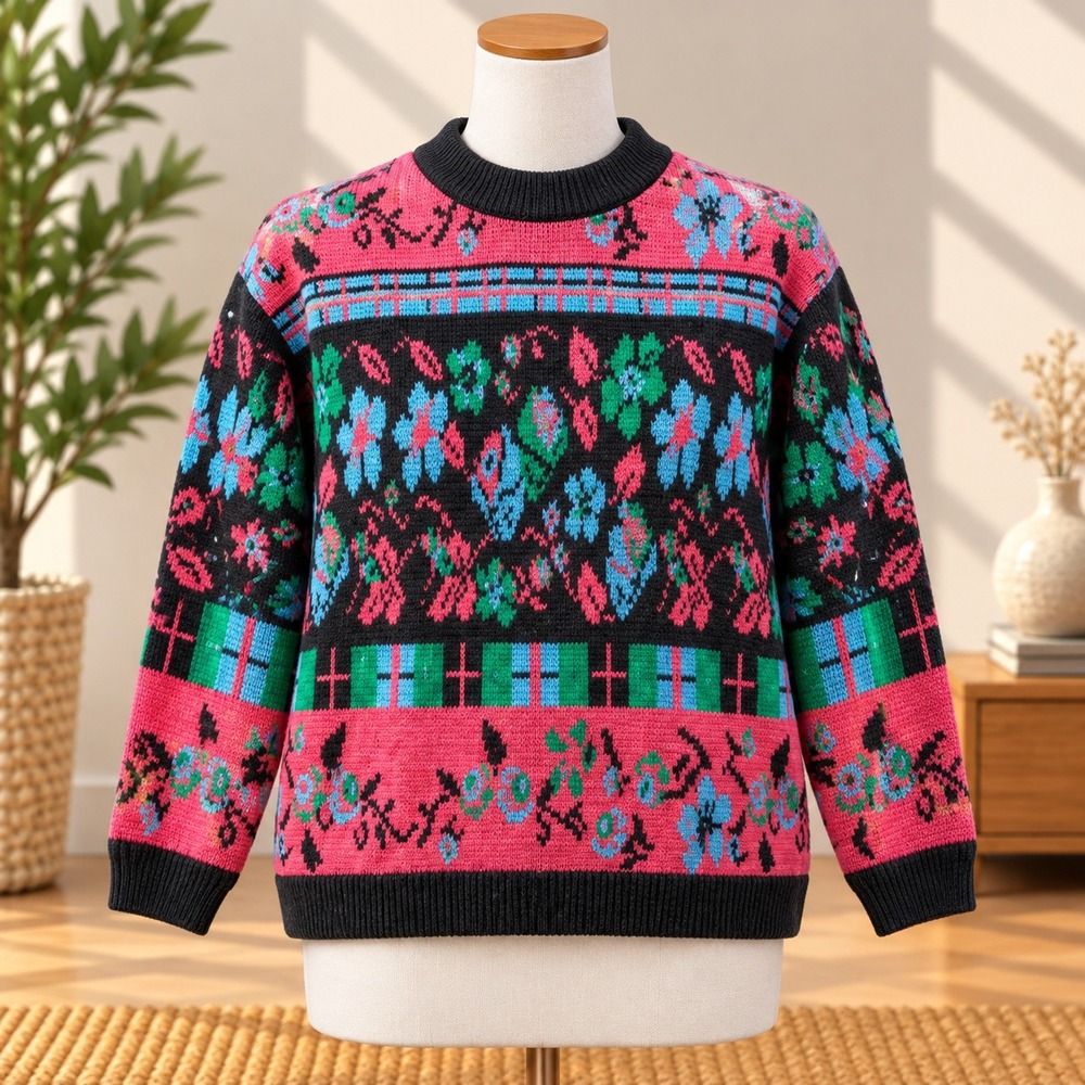 Parrinello Sweater Womens Small Pink Floral Knit Vintage Crewneck Yugoslavia